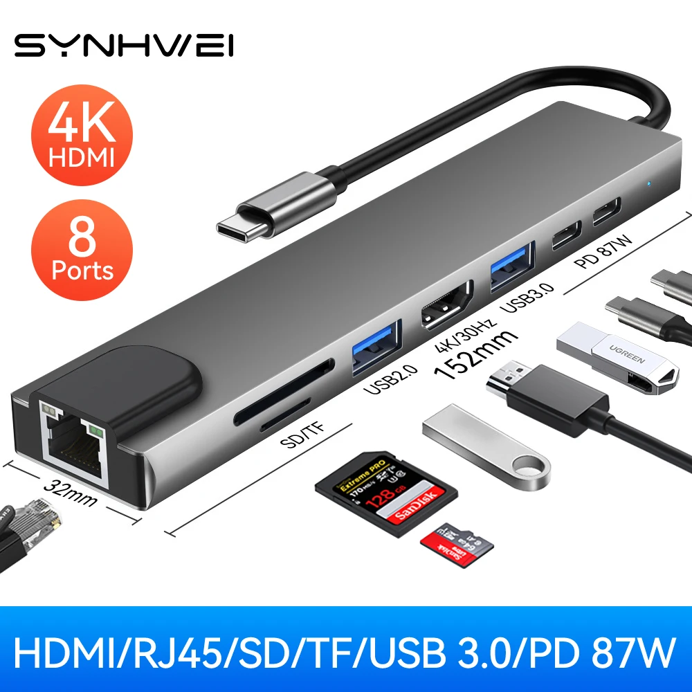 

USB C-концентратор с 4K HDMI 100 Вт PD USB C-порт USB 3.0 RJ45 Ethernet SD/TF Card Reader Док-станция 4/5/6/8 портов Адаптер USB C