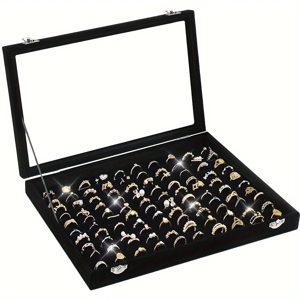 Velour and Jewelry Ring Organizer Box with Clear Glass Lid Dust-Proof 100-Slot Tray for Rings, Earrings box