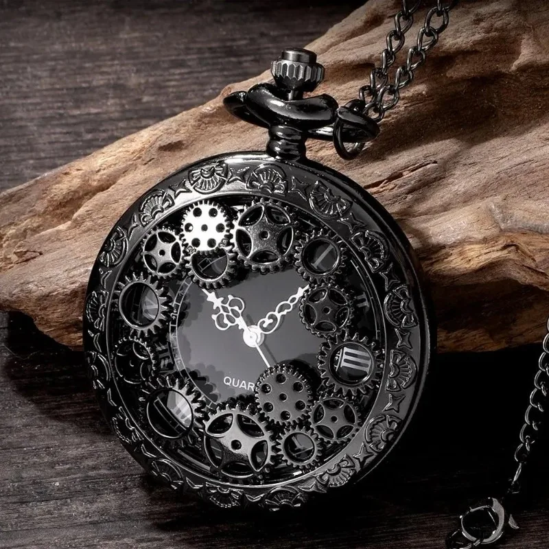 

Vintage Steampunk Copper Hollow Gear Quartz Pocket Watch Necklace Pendant Clock Chain Jewelry Gift for Men Women Black