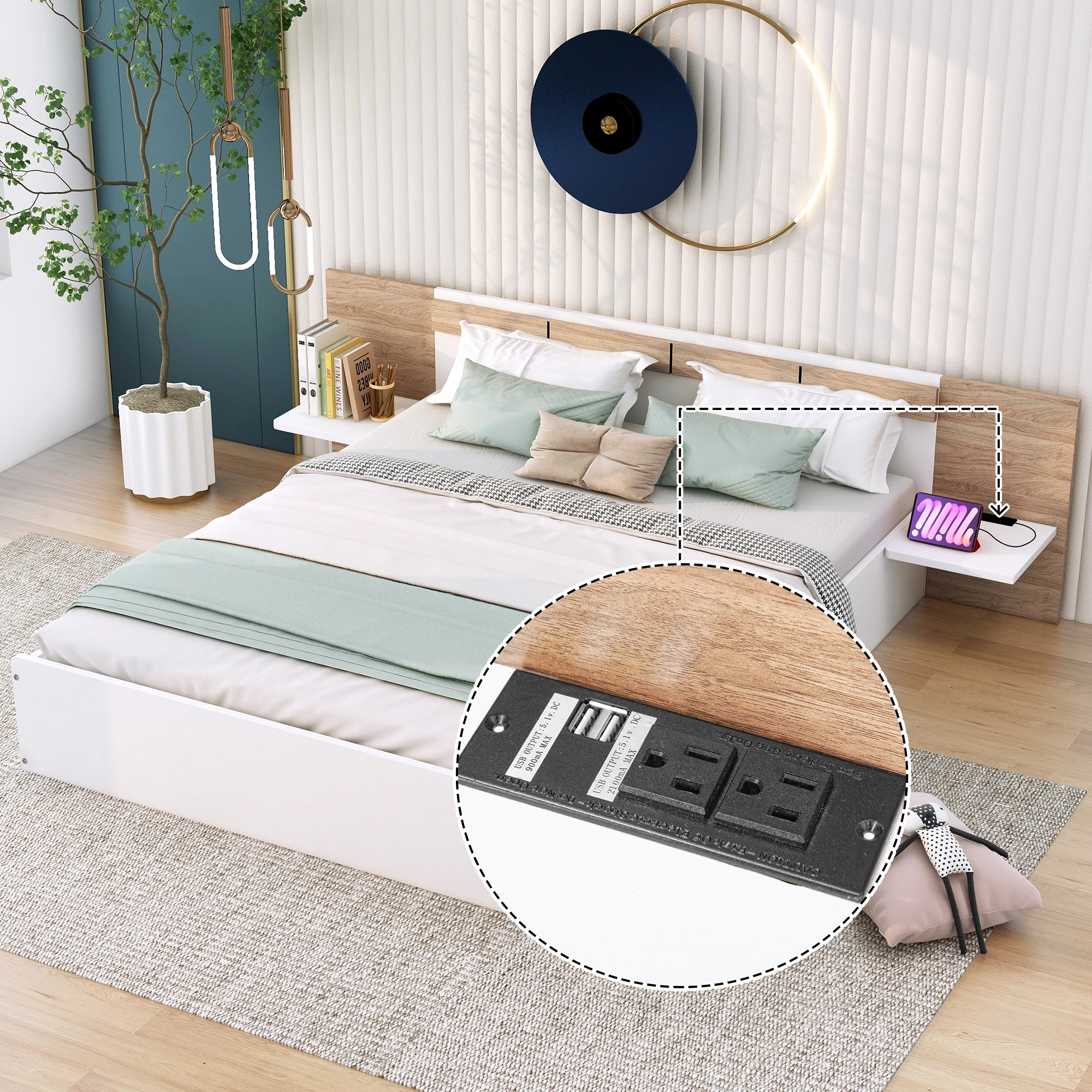 Queen Size Platform Bed with Headboard, Drawers, Shelves, USB Ports and Sockets, White   81.90x91.50x22.80 in.