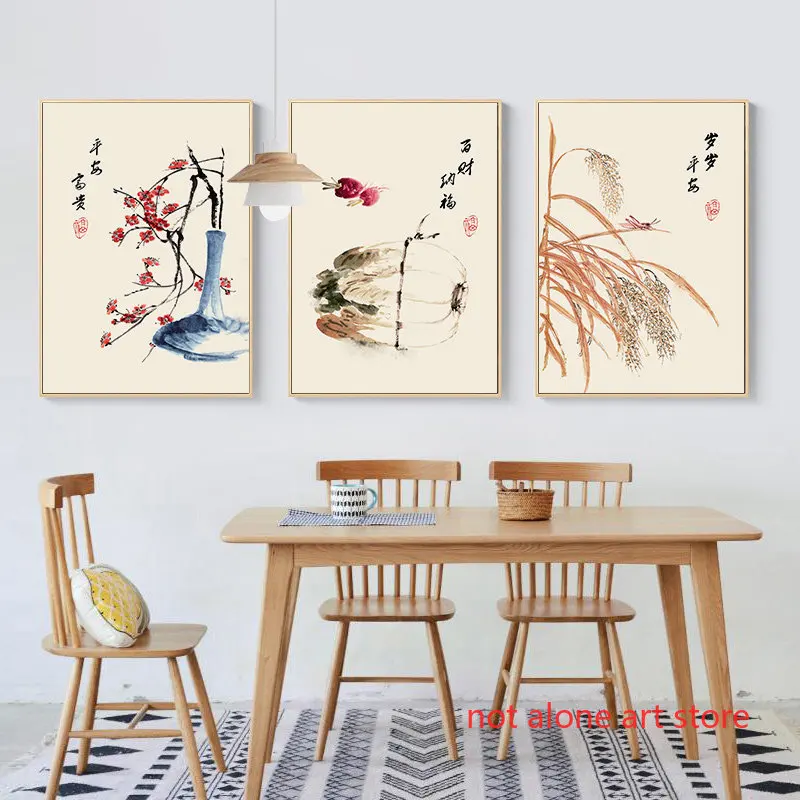 Vintage Chinese Style Flower, Cabbage, Wheat Zen Mediation Art Posters Canvas Painting Wall Prints Pictures for Room Home Decor