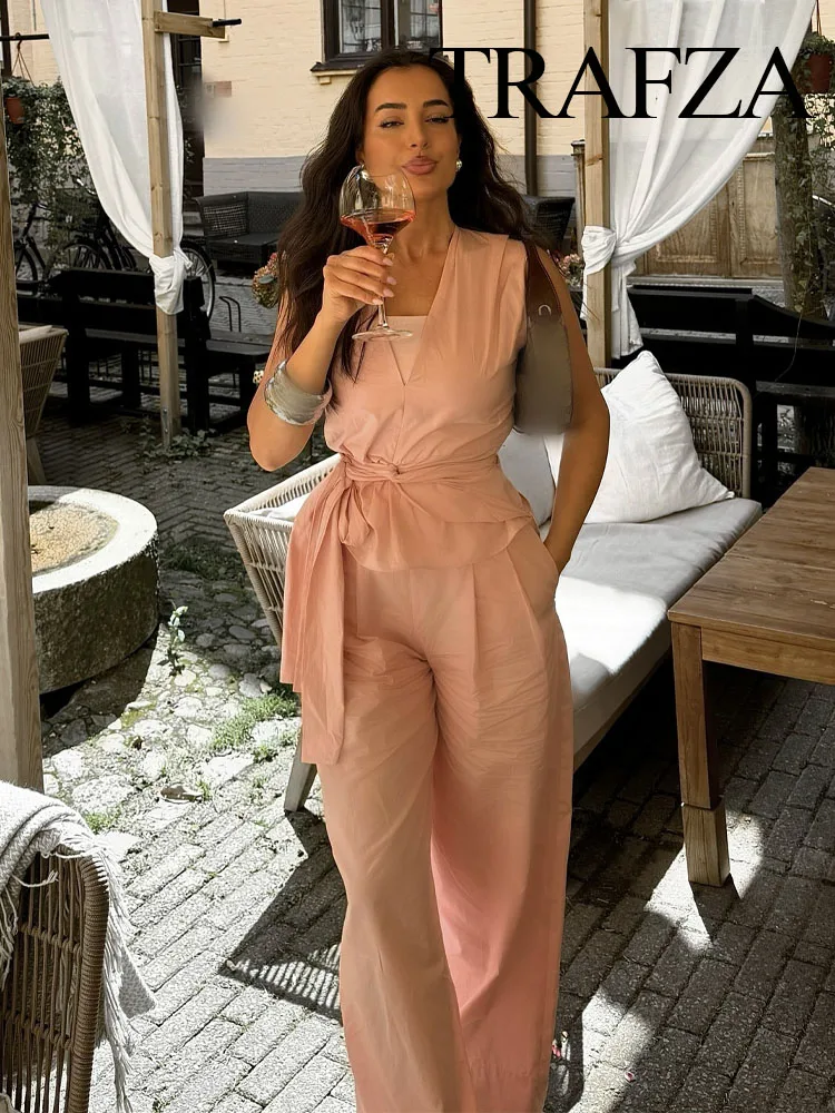 TRAFZA Summer Fashion Women Suits Pink V Neck Sleeves Bow Decorate Zipper Asymmetrical Tops + High Waist Zipper Wide Leg Pants