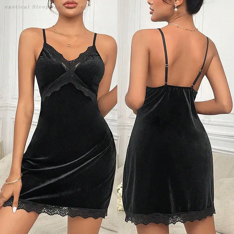 

Sexy Female Lingerie Nightgown Patchwork Lace Backless Spaghetti Strap Nightdress Sleepwear Velvet Lounge Wear Home Dress Gown