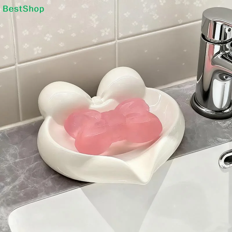 〔Q〕Cute Bow Heart Shaped Soap Dish With Self Draining Design For Bathroom Vanity Sink Countertop Home Decor