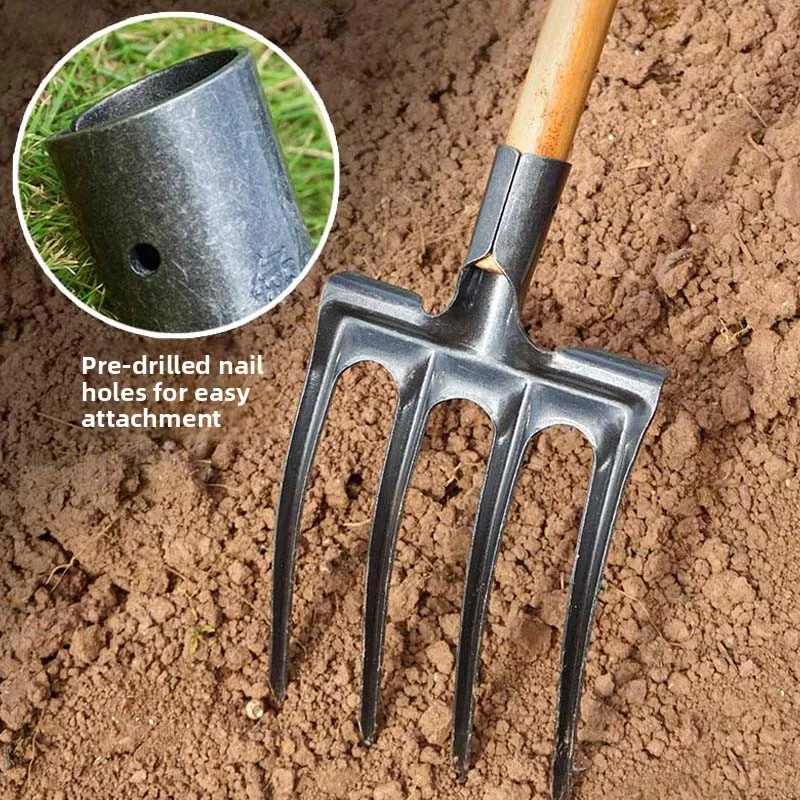 أداة حراثة بأربعة أسنان فولاذية مع مقبض خشبي، أداة فولاذية بالكامل لتفكيك التربة في حدائق الخضروات، أداة رمزية ثقافية للتشيجونغ #1