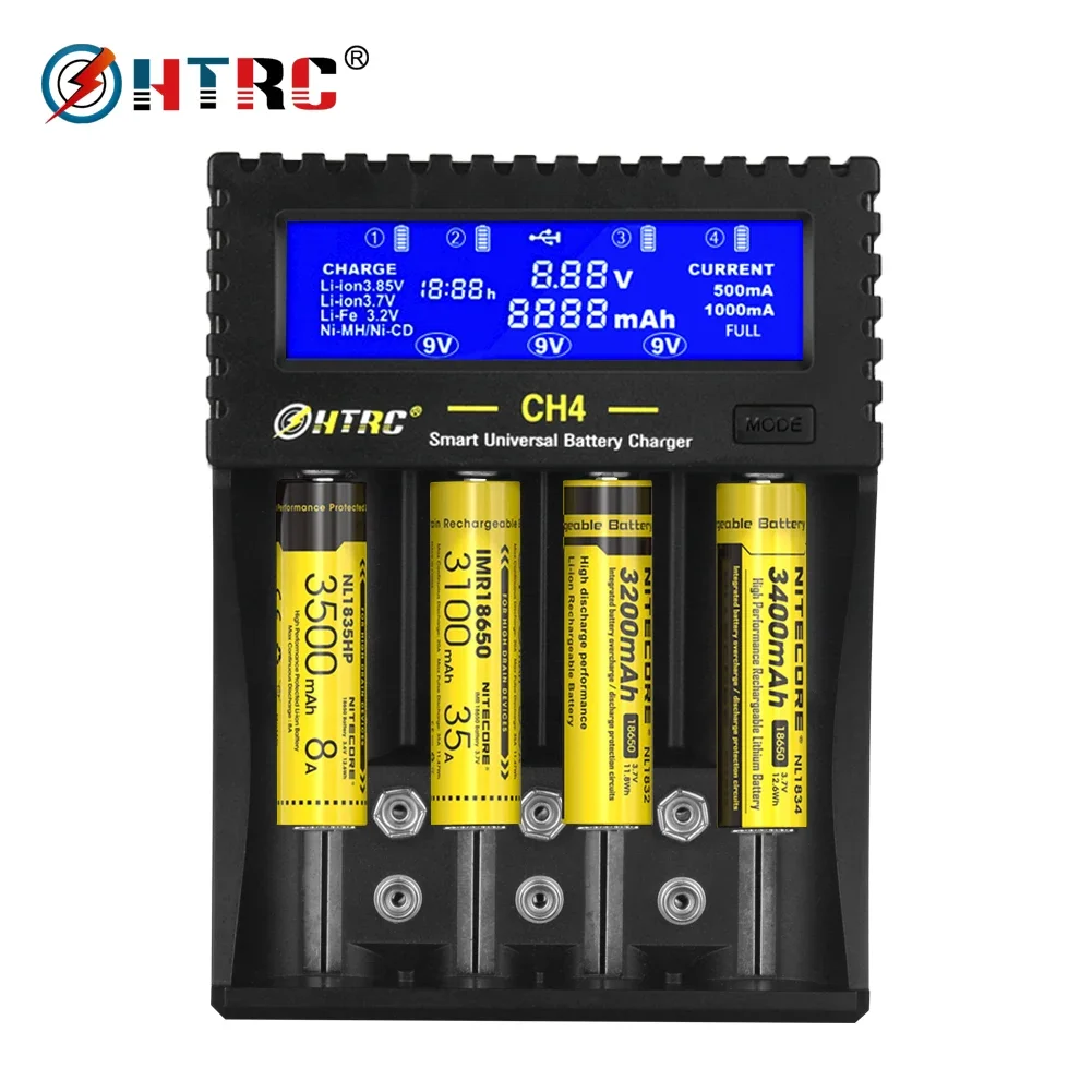 HTRC AA AAA 18650 Battery Charger LCD Display 4 Slots Smart Charger for Li-Fe Ni-MH Ni-CD 26650 6F22 16340 9V Batteries