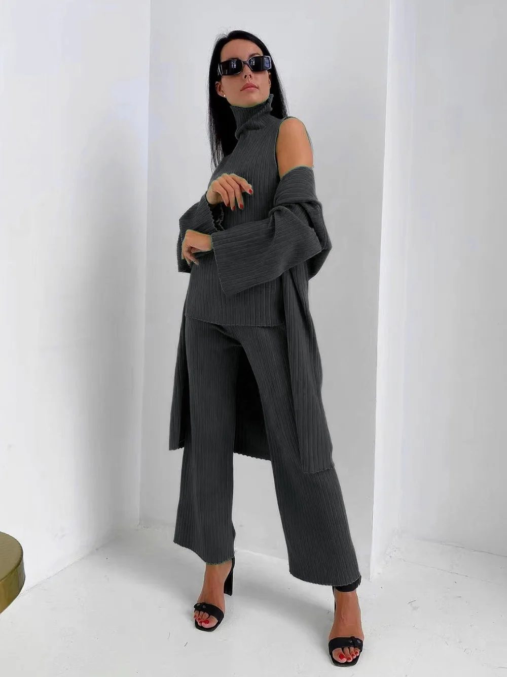 Wixra Women Sets Sleeveless Turtleneck Knitted Vest+Cardigan Long Coat+Elastic Waist Straight Pants Trousers Casual Women Suits