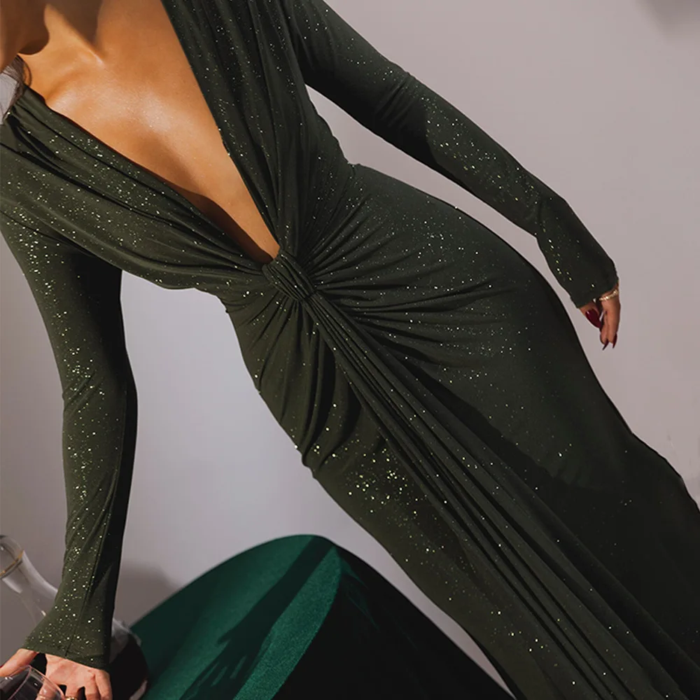 Oligai Herbst Maxi Abendkleid Sexy Grün Tiefer V-ausschnitt Kleid Langarm Glitter Geraffte Hochzeit Gast Party Kleider Frauen