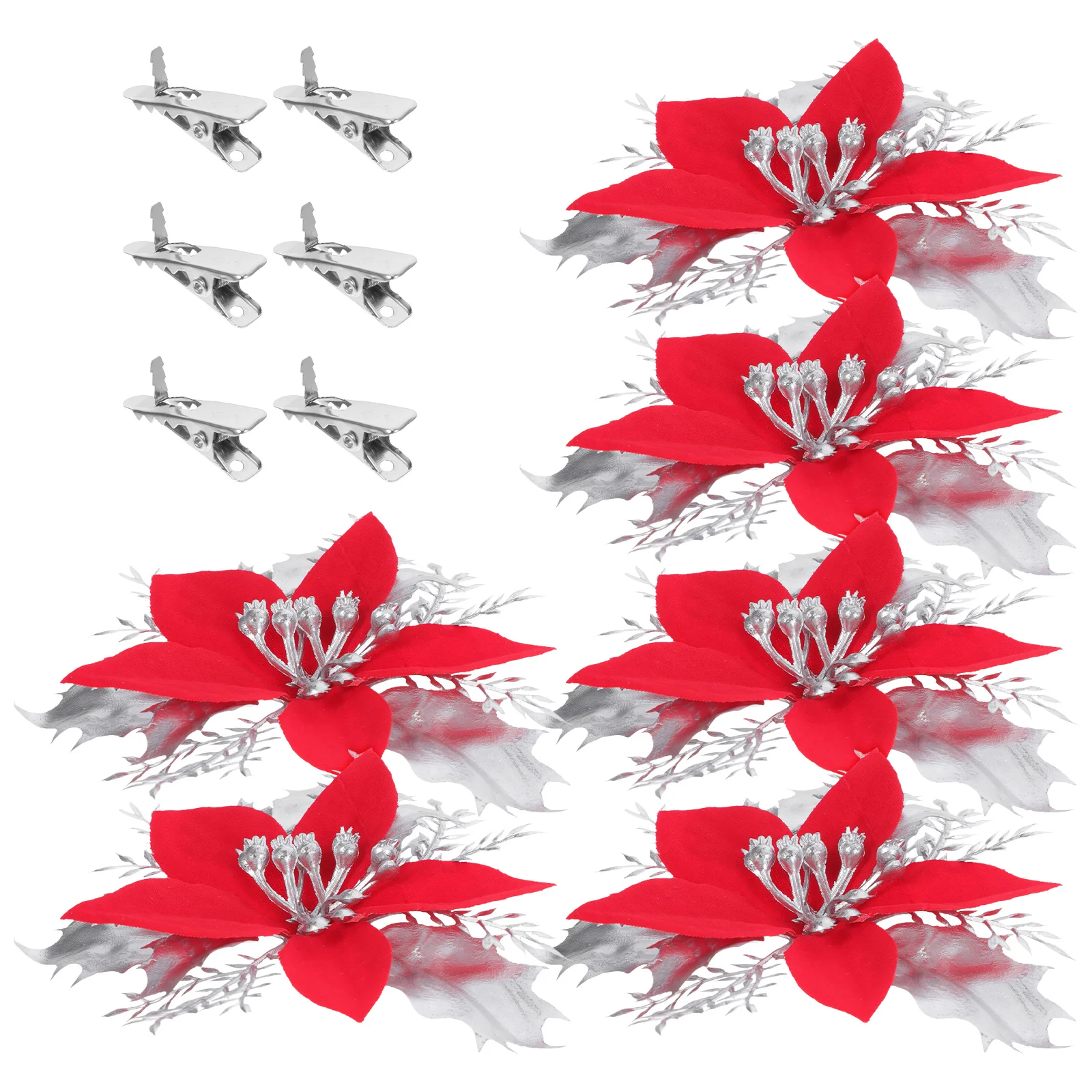 

6Pcs Christmas Flower Decorations Glitter Poinsettia Picks Reusable Holiday Floral Brooch for Wreaths Garlands Xmas Tree Decor