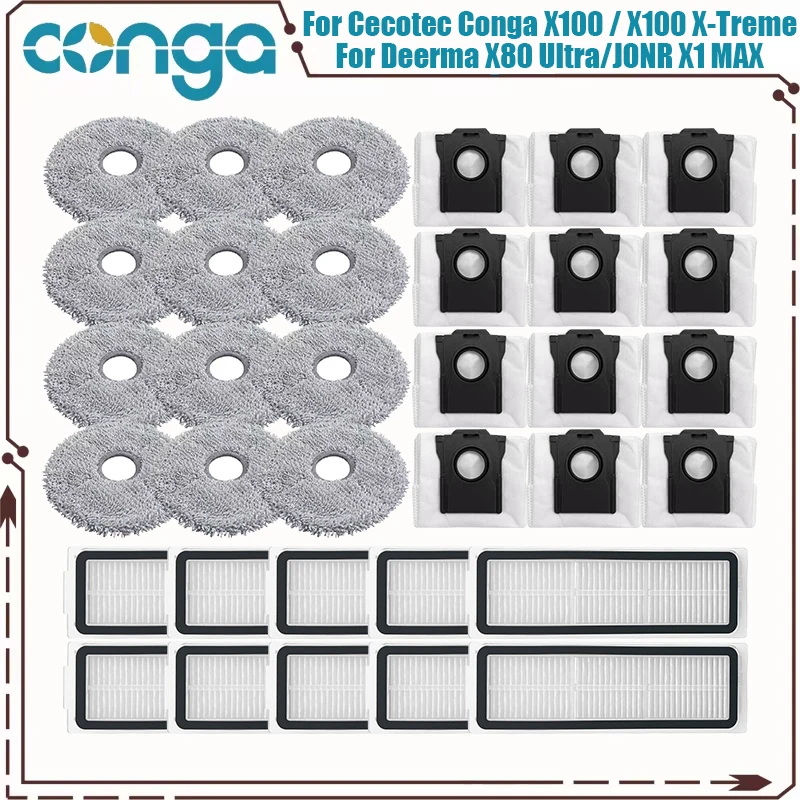 FitFor Cecotec Conga X100 / X100 X-Treme, Deerma X80 Ultra DEM-X80 X90 Ultra JONR X1 MAX, Everybot Q11 Parts Filter Mop Dust Bag