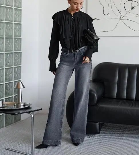 

Женская однобортная рубашка с длинными рукавами и воротником-стойкой с краем листьев лотоса, свободный однотонный топ с французскими рукавами-фонариками