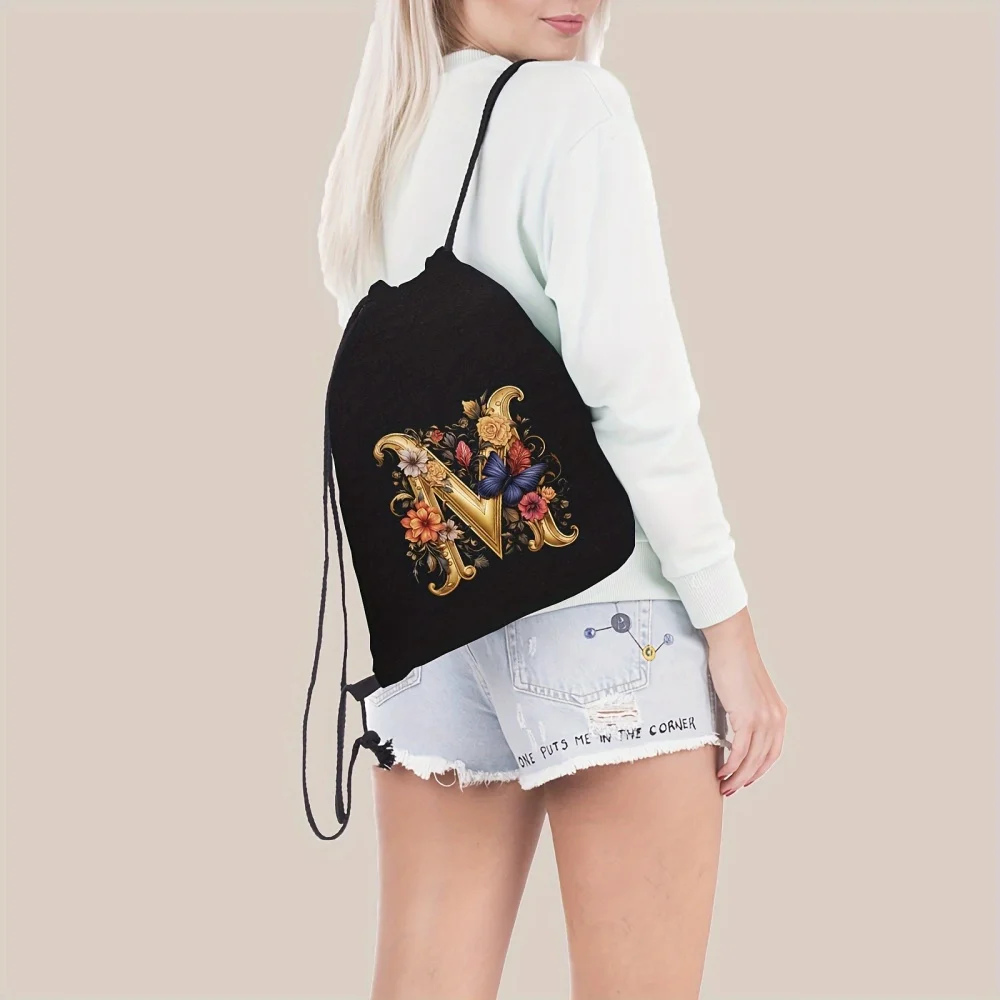 1pc Customized name Black Drawstring Bag Featuring an A-Z Letter Print Design,Made from Soft Material,Ideal for Organizing Items