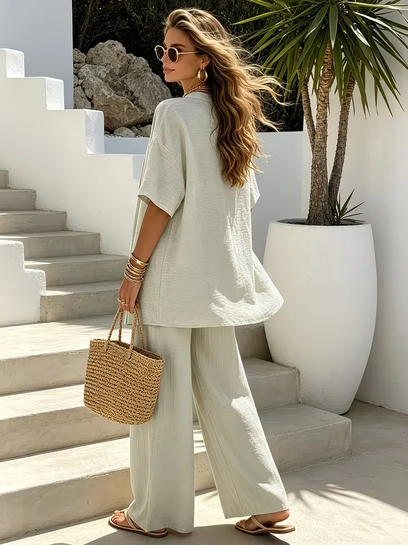 Fake linen vacation set, loose fit for beach resort photos, 5-sleeve cardigan + drawstring elastic-waist wide-leg pants