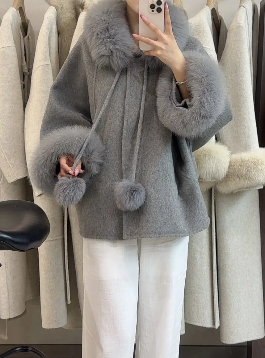 OFTBUY Women's Short Wool Coat Real Fox Fur Collar Cuffs Pom Pom Drawstring Woolen Clothing New Winter Warm Elegant Outerwear