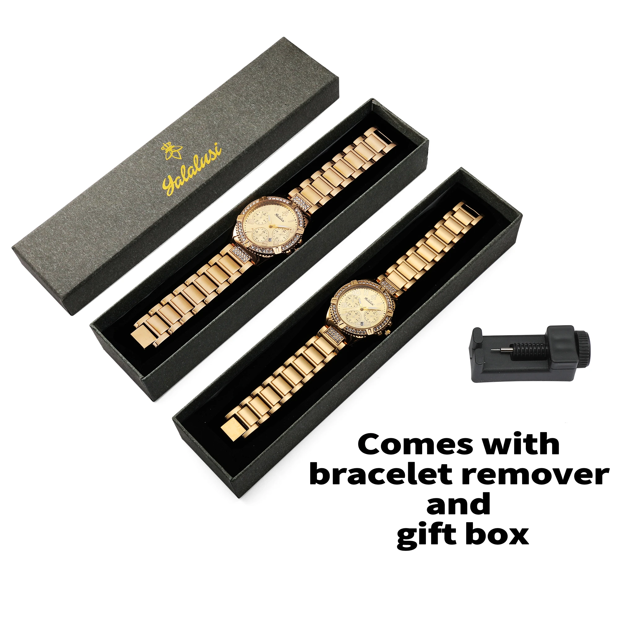 YaLaLuSi Brand Hot Sale Couple Gift Watch Gold Crystal Diamonds Luxury Model Box Watch Remover Vacuum Ion Gold Plating