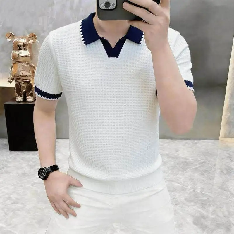 2026 Summer New Style Men's Short-Sleeved Lightweight Casual Striped Open-Weave Knitted Polo Shirt — купить у AliExpress WW