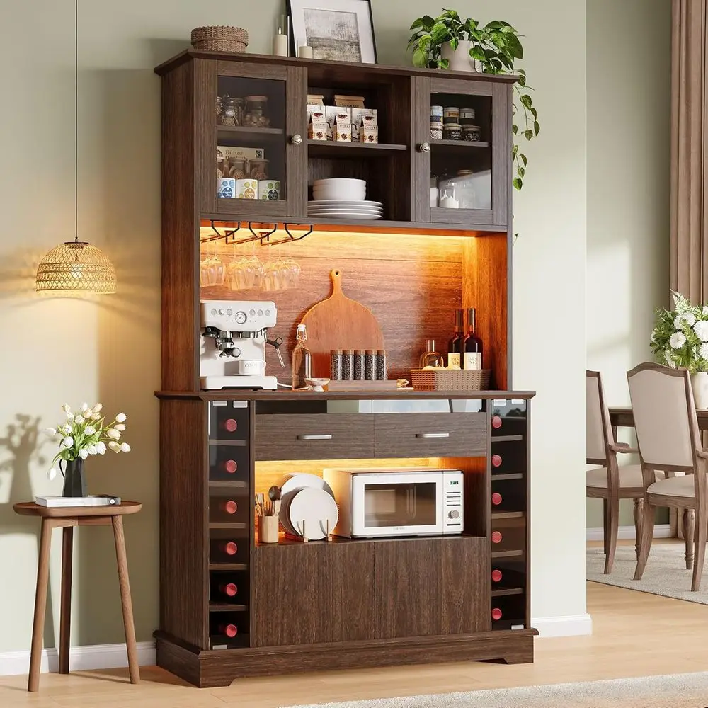 

71 Tall Coffee Bar Cabinet with Charging Station, LED Lights, Wine Storage, Rack, and Glass Holder in Walnut Finish