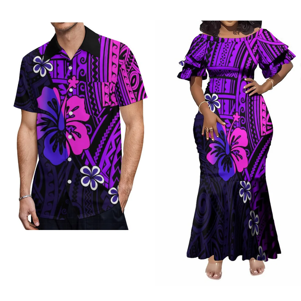 

Samoa Custom Polynesian Couple Suit Short Sleeve Ladies Lotus Leaf Double Cuff Round Neck Slim-Fit Temperament Fishtail Dress