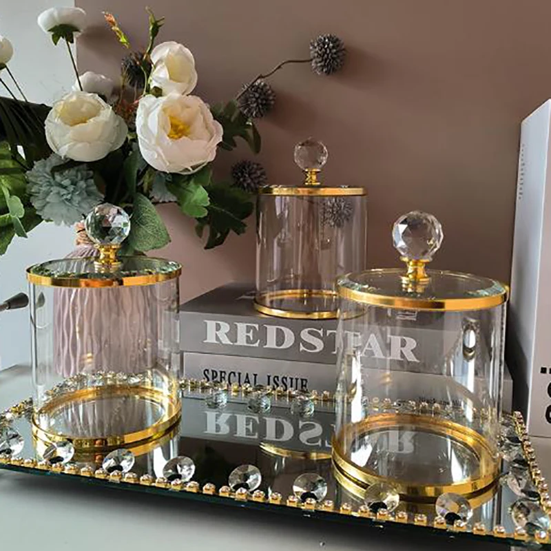 Fine Glass Jewelry Cotton Swab Box Mirror Tray Golden Candy Jar with Lid Room Fruit Dessert Dried Fruit Storage Jar Home Decor