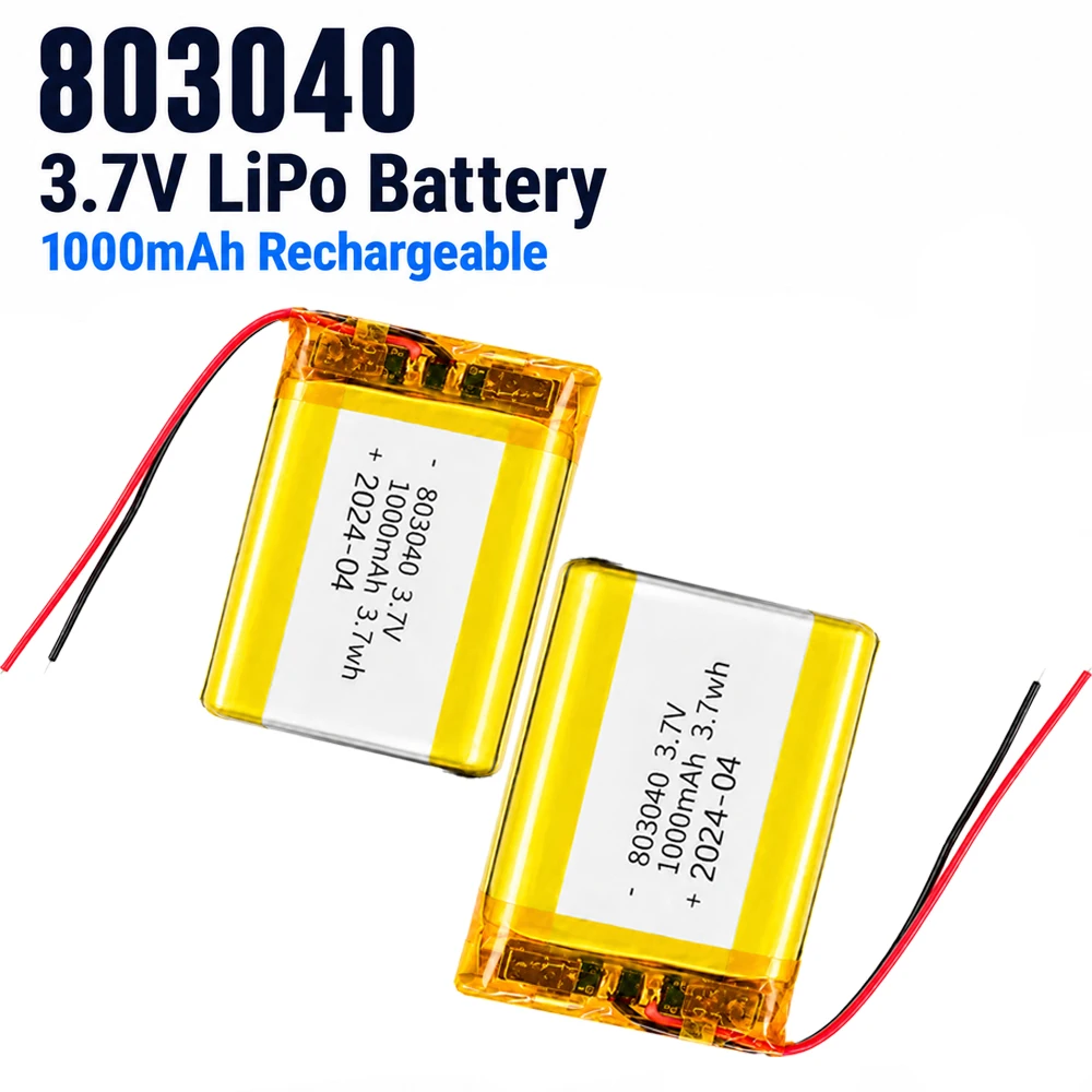 803040 3.7V 1000mAh Lithium Polymer Rechargeable Battery with PCB Protection, Suitable for GPS Devices, Speakers, and Toys.