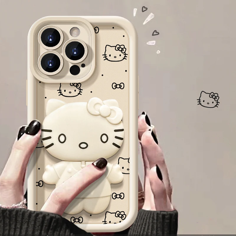 Cartoon Cute Anime Hello Kitty Phone Case with Holder Suitable 15Promax 14/13 Anti Drop 12Mini 11 All Inclusive Case Girl Gift