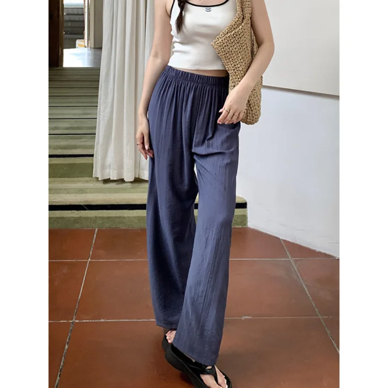 Summer Lightweight Loose Straight Pants Women Korean High Waist Breathable Slightly Wrinkled Casual Wide Leg Pants