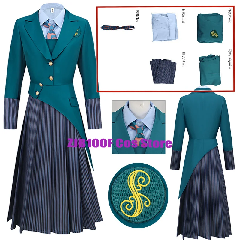 

Witch Glynda Elphaba School Uniform Cosplay Women Galinda Costume Dark Green Coat Skirt Outfit Suit Halloween Party Clothing