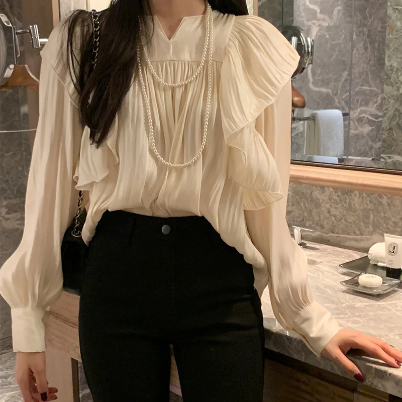 Ruffled Long Sleeve Women Blouse Office Lady Lantern Sleeve Elegant Tops Fashion New Loose Casual Shirt