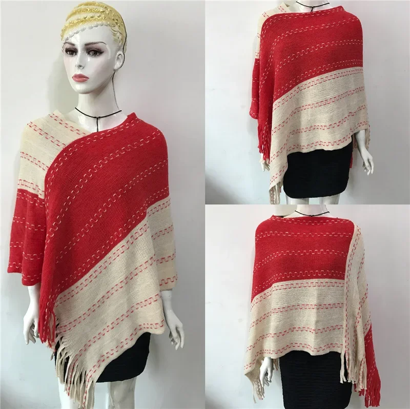 2024 Spring Autumn Color Matching Tassel Knitted Shawl Women New Warm Imitation Cashmere Pullover Cloak Sunscreen Gray