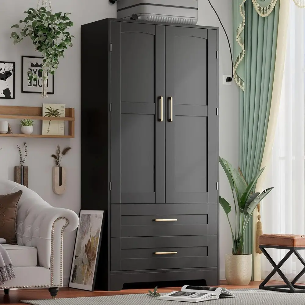 

Black Wooden Freestanding Wardrobe with Hanging Rod and Shelves for Bedroom, Laundry, or Cloakroom