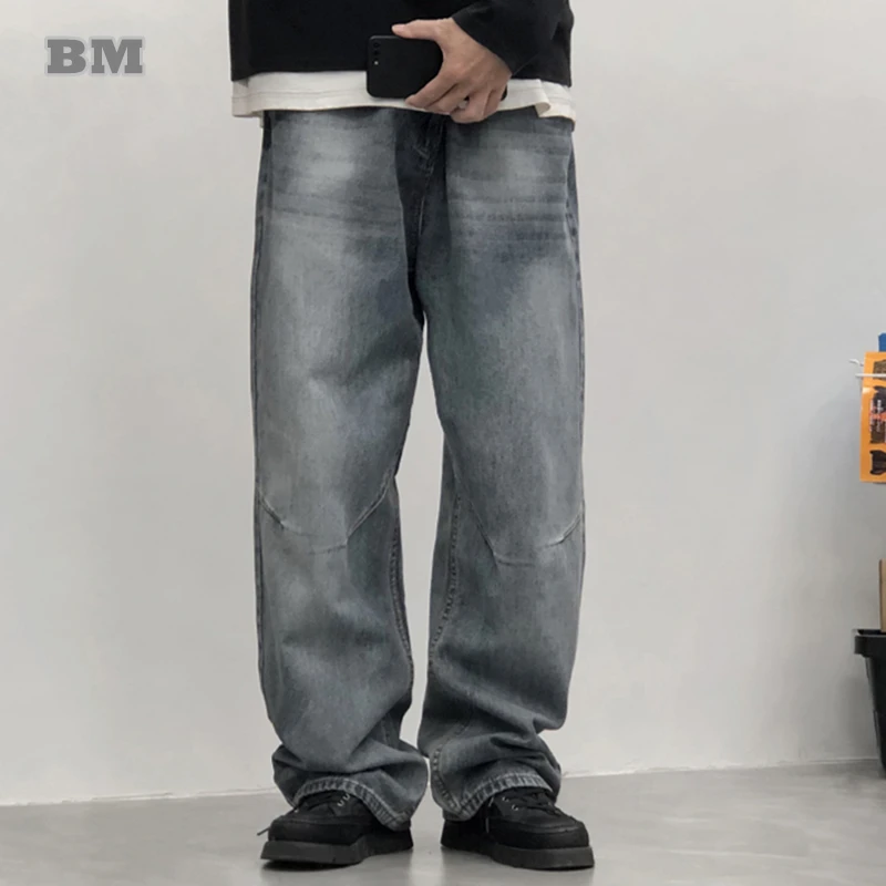 

Streetwear Japanese Vintage Distressed Jeans For Men Korean Denim Cargo Pants Straight Leg Casual Long Trousers Fashion Male