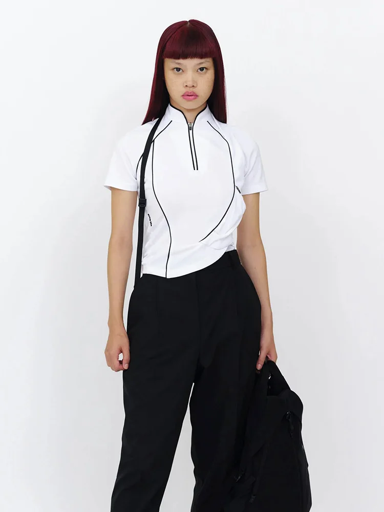 

Seo Hyein 24SS ort Sve Bal Stand Collar Asymmetrical Top Women's Polyester Fiber T-irt Faionable Casual Wear