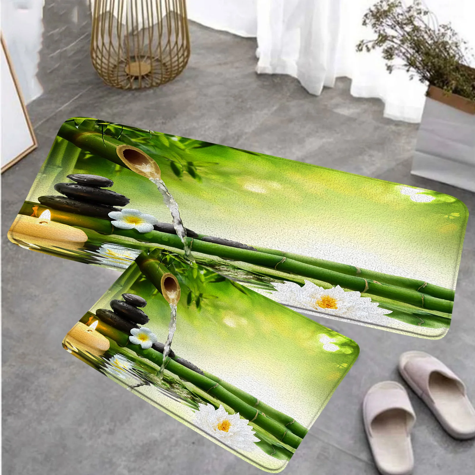 Zen Green Bamboo Kitchen Floor Mat Set Lotus Candle Black Massage Stone Spa Scenic Home Room Decor Carpet Non-Slip Rug Bath Mats