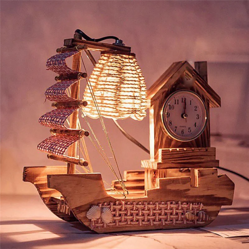 AA87 المراكب الشراعية الخشب مصباح على مدار الساعة مع ساعة مع سلاسل ضوء الاحترار ساعة إلكترونية متعددة الوظائف سهلة التركيب الأرجواني
