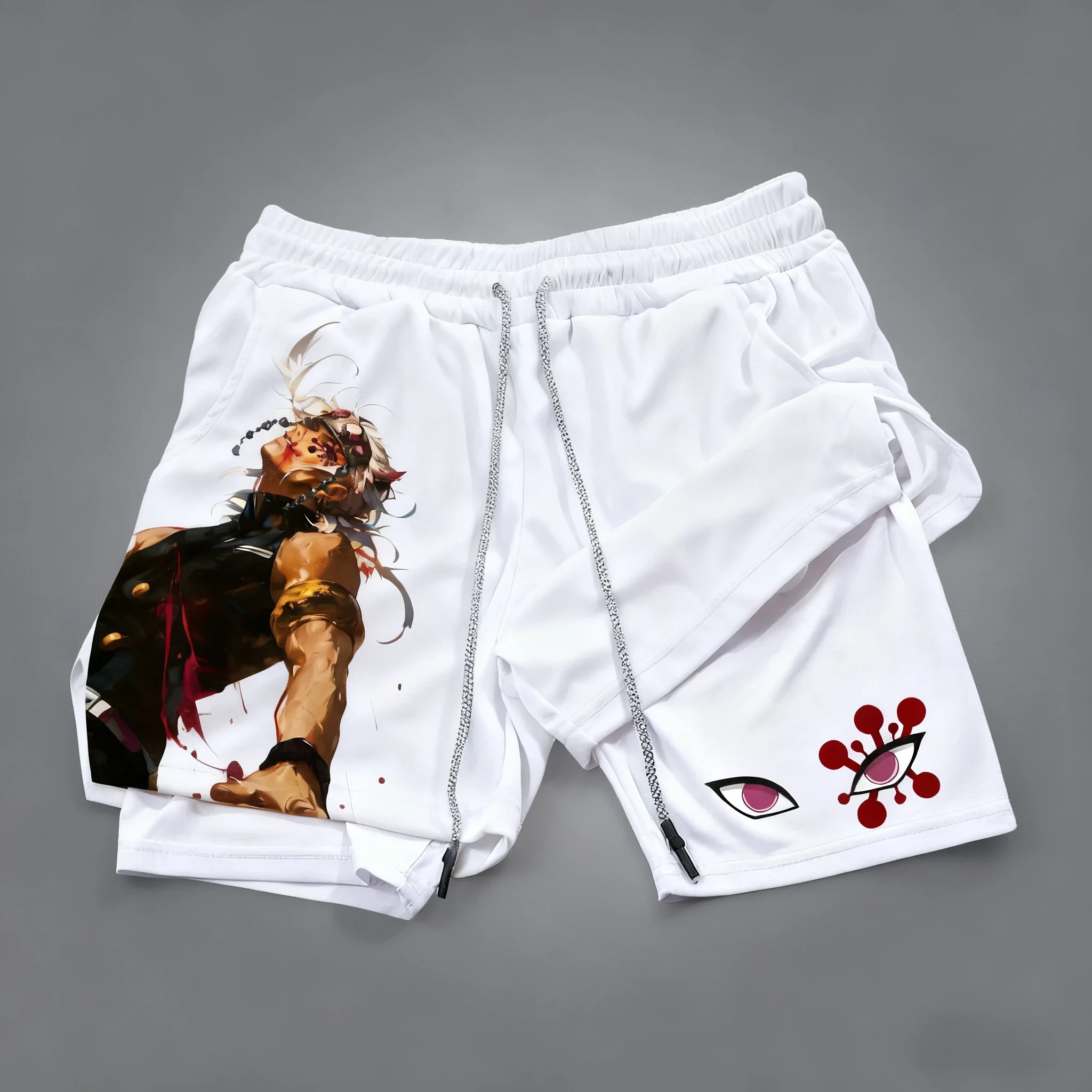 شورت Demon Slayer بطبعة الرسوم المتحركة مزدوجة الطبقات، شورت صيفي أمريكي للياقة البدنية للرجال والنساء فضفاض وعصري