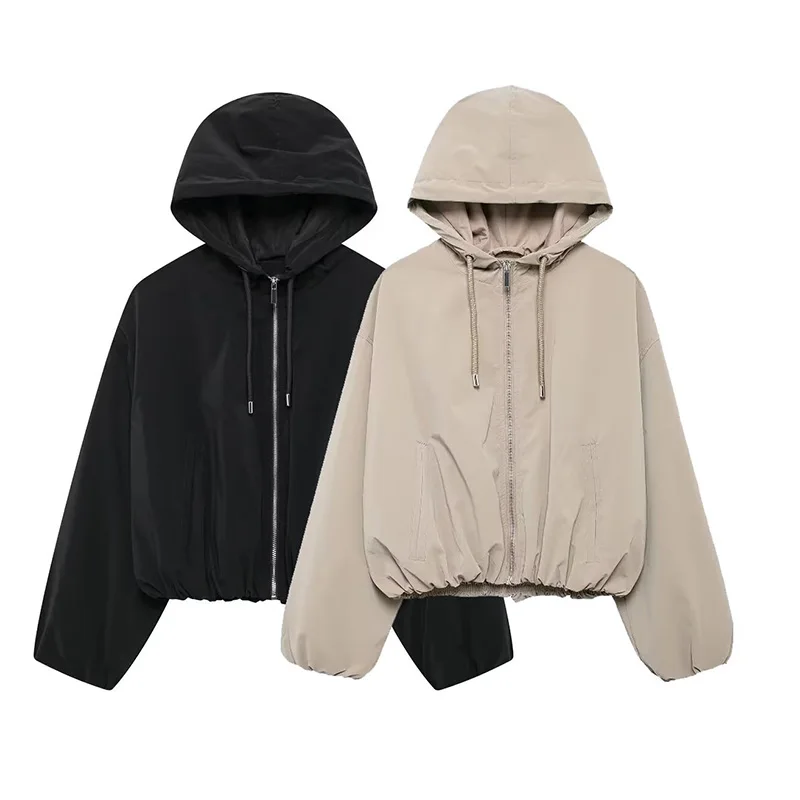 

Autumn Women's Hooded Short Jacket Coat 2024 New Fashion Long Sleeve Zipper Coat Elegant Streetwear Women's Outerwear