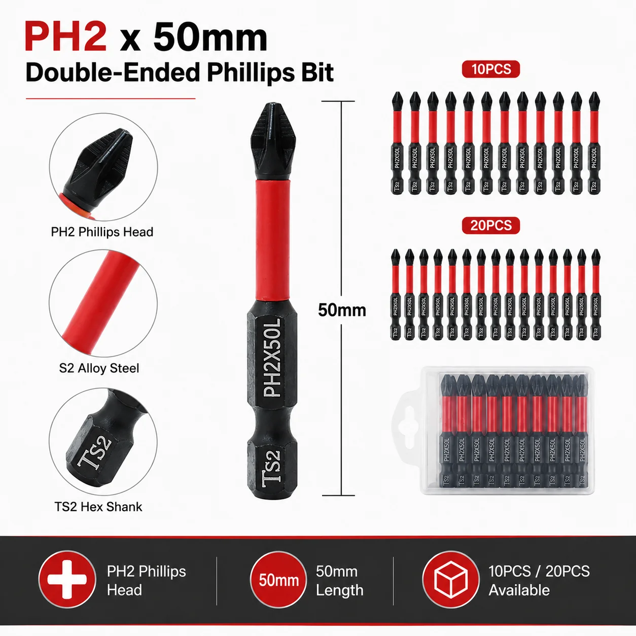 Conjunto de 10/20 Pontas Magnéticas PH2 para Chave de Fenda, 50mm, Aço S2, Resistentes a Impacto, Antiderrapantes, Alta Dureza, Ferramentas para Reparos Domésticos
