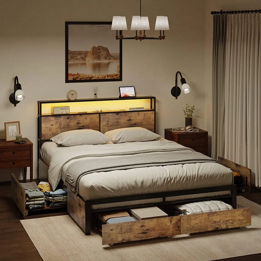 

Bed Frame, Bed Frame with Storage Headboard and 4 Drawers LED Lights Metal Platform Non-Slip Without