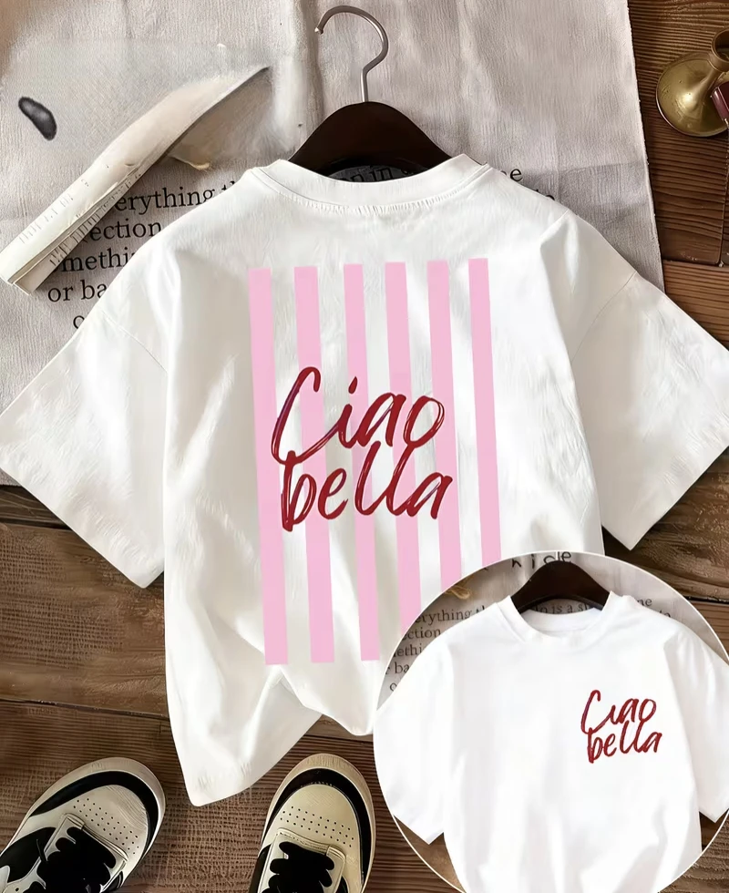 Camiseta Ciao Bella con estampado a rayas, camisetas italianas retro con gráficos de manga corta, ropa informal holgada para mujer, camiseta de uso diario para verano