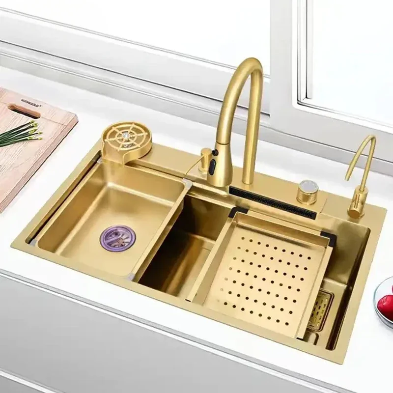 Kitchen Sink Gold Stainless Steel Modern Large Kitchen Sink Above Counter 75x46cm with all accessories