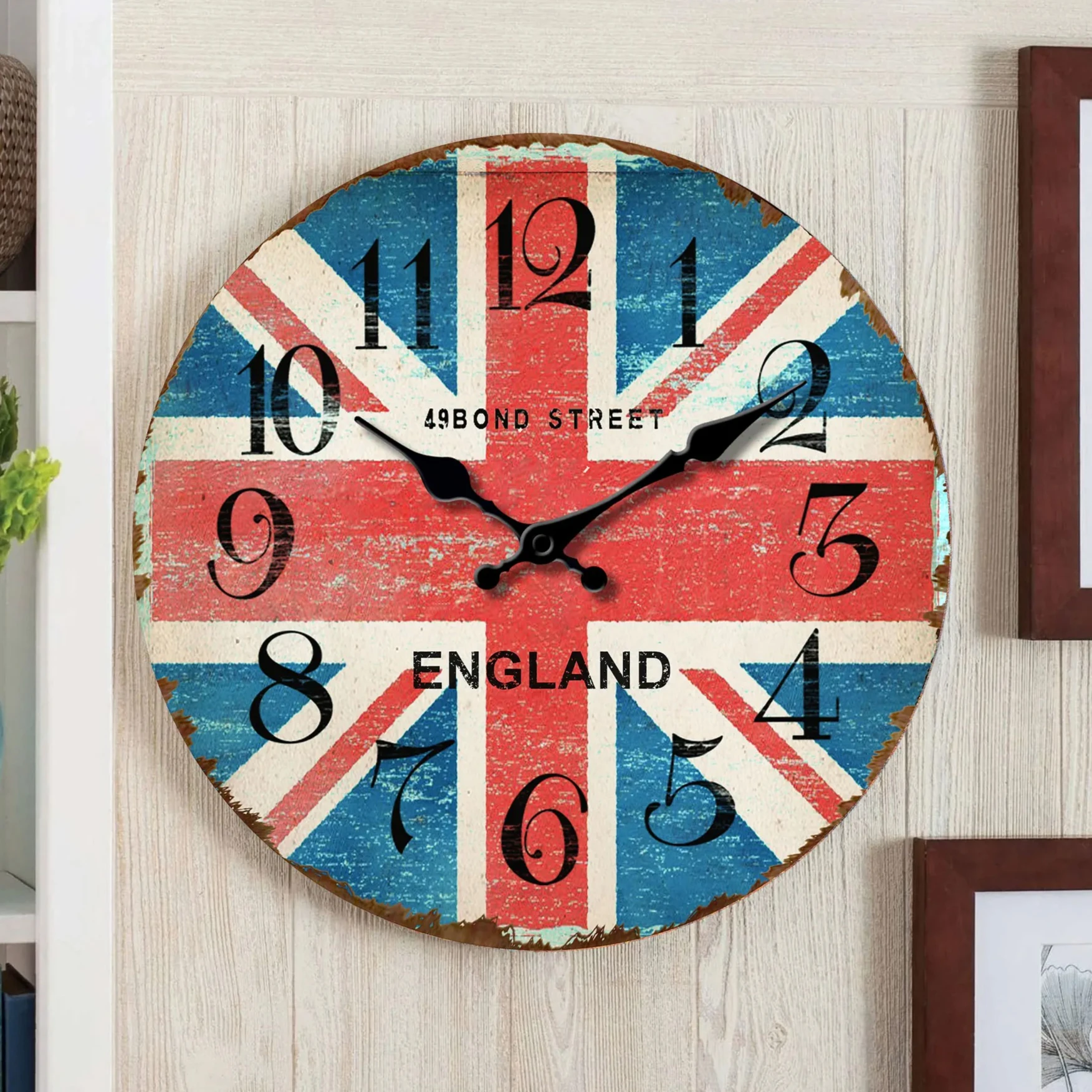 Round Wooden Wall Clock,49 Bond Street England Flag Printed Silent Quartz Clock, Suit for Home Bedroom Wood Plate Clocks Decor