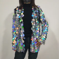 Silver Sequins Mesh Cape Jacket Coat Shiny Stage Wear Bar Nightclub Carnival Party Clothing Dancer Singer Performance Costume