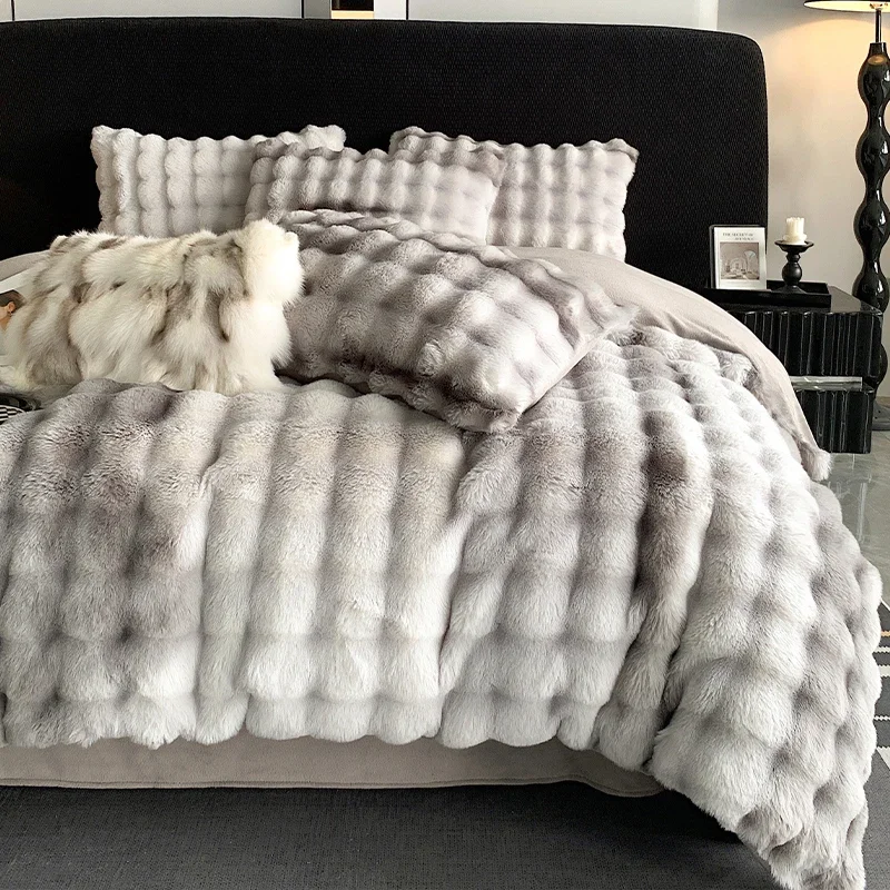 Faux Fur Winter Bed Linen Soft comforter Bedding set fluffy Bed Cover Full Set Bubble Fleece Quilt Duvet Cover Bed Sheets Set