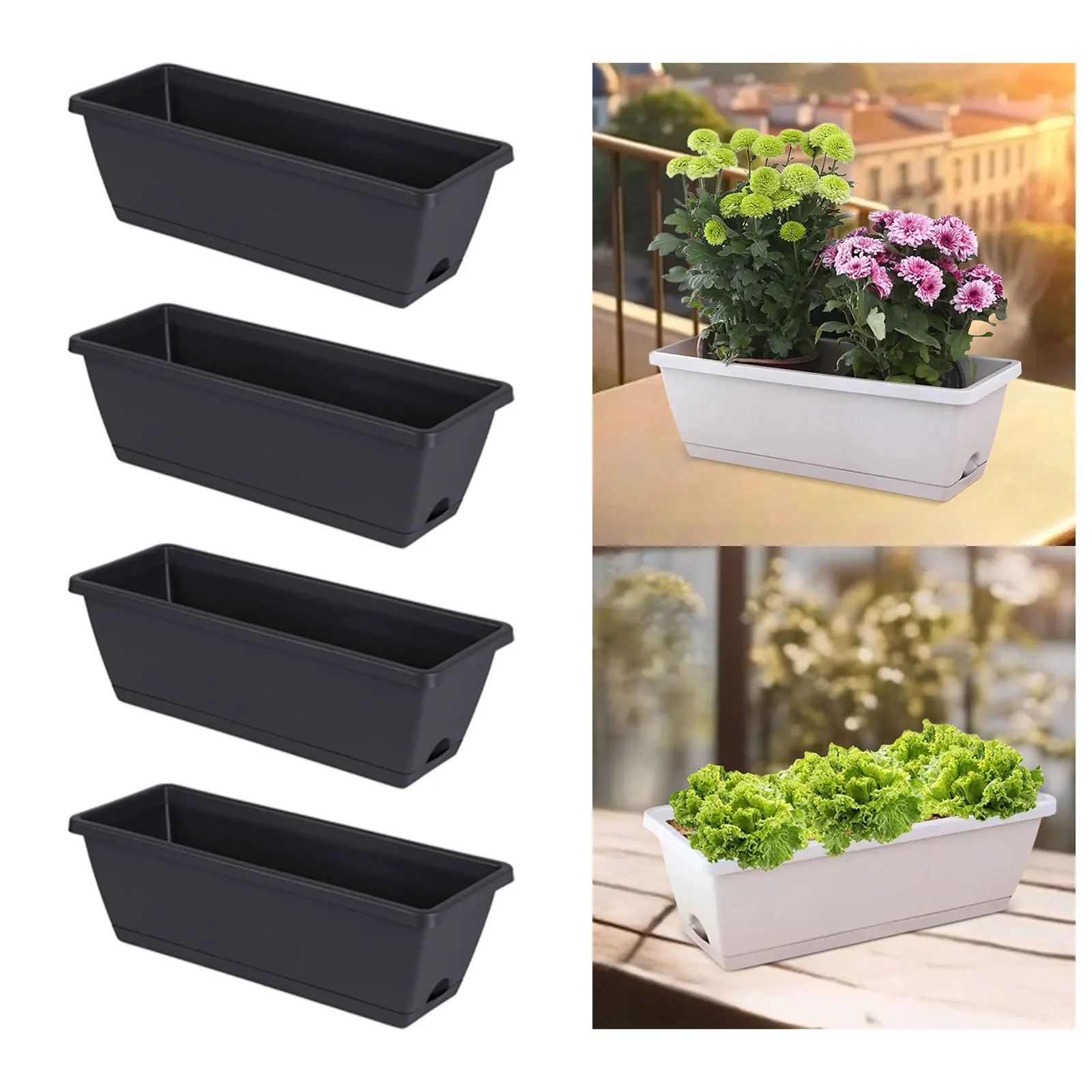 

4 Pieces Flower Window Box Container Vegetable Planters with Trays for Yard Patio Kitchen Windowsill Garden Indoor Outdoor