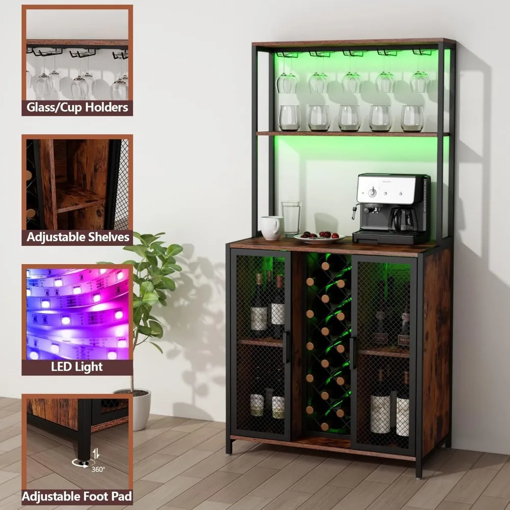 Armoire de bar à vin avec lumières LED, café industriel à 5 niveaux, buffet de planche avec étagères réglables pour français ou verres