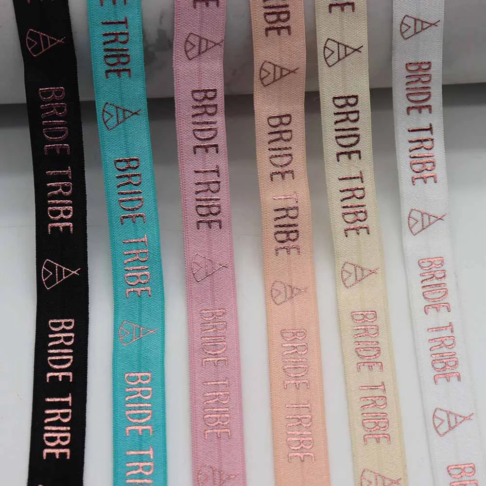 

5/8" 15mm Rose Gold Bride Tribe Printed Fold Over Elastic FOE Ribbon For Wedding Decoration DIY Hair Ties Hair Accessories
