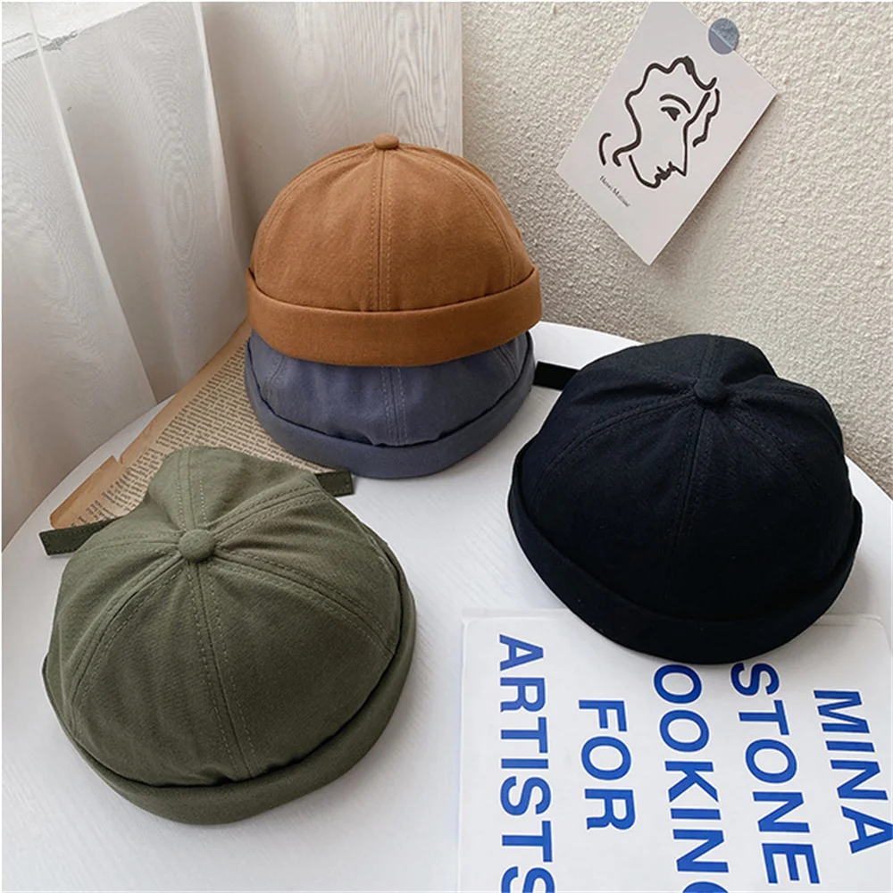 Vintage Brimless Men Hat Dome Docker Cap Cotton Beanie Solid Color Breathable Spring Autumn Hat Adjustable Women Hip Hop Caps