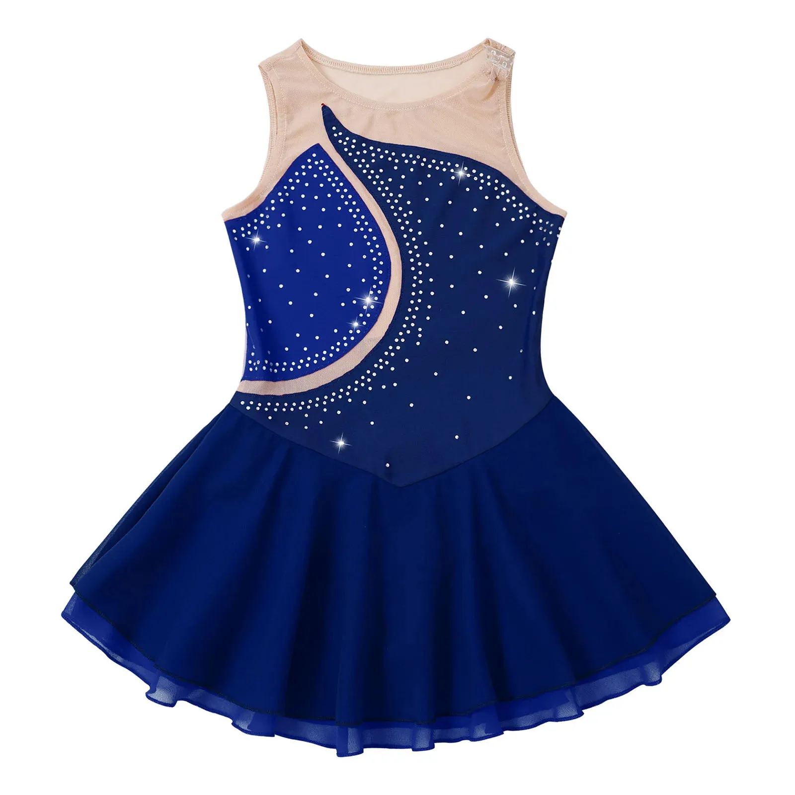 Bambini ragazze ginnastica pattinaggio di figura vestito senza maniche lucido strass maglia trasparente Tutu sala da ballo danza Costume abbigliamento