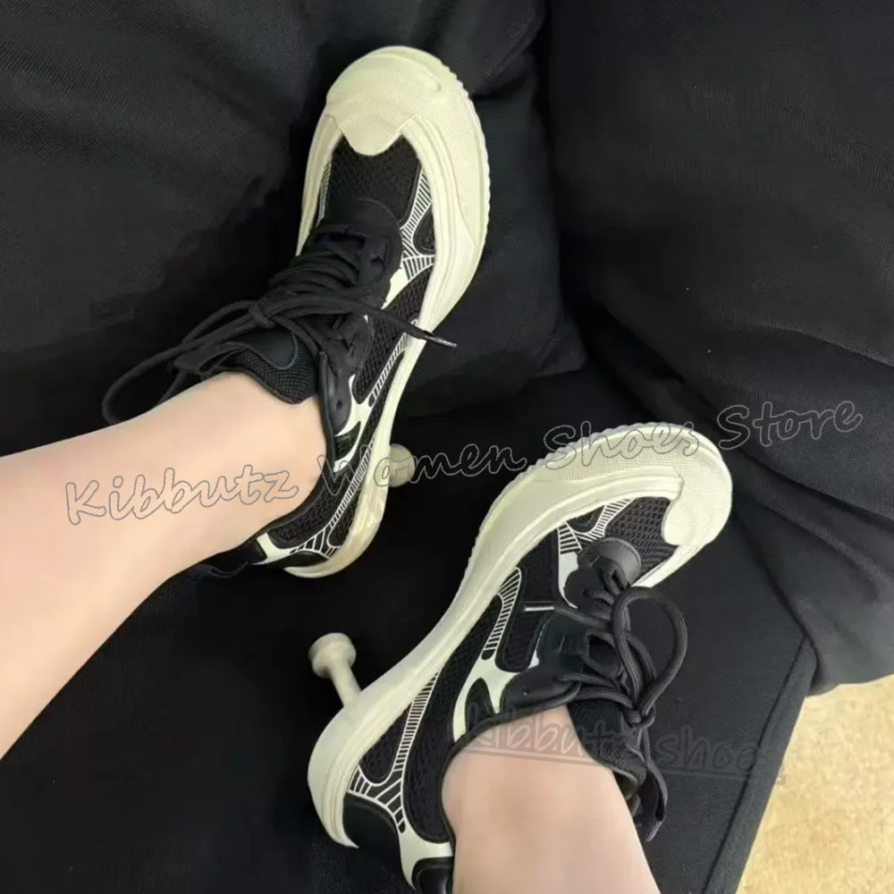 Patchwork Sneakers Round Toe Thin Heels Mixed Color Lace-Up Novelty Sexy Luxury Fashion Runway Show Comfortable Women Shoes New