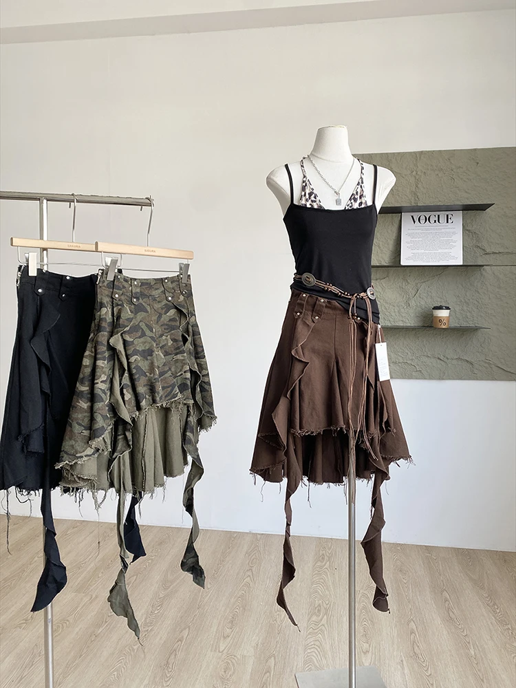 

Summer New Women American Retro Skirts Camouflage Irregular Ribbon A-line Pleated Washed Vintage Y2K Ins Short Skirts
